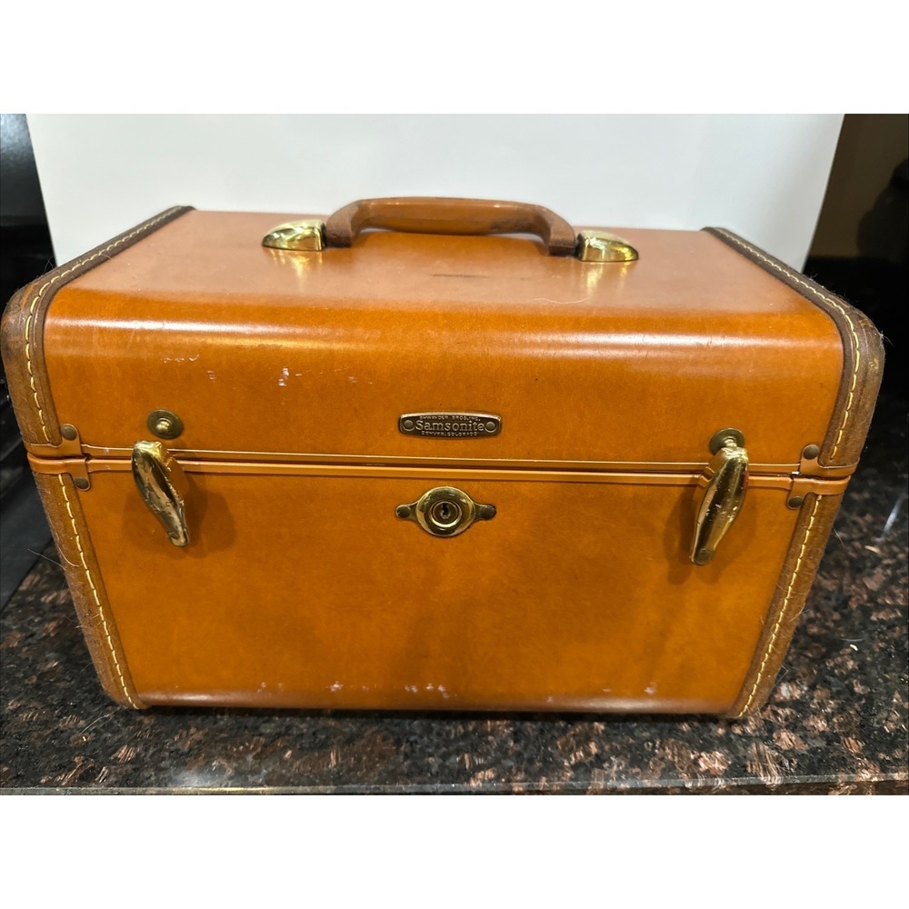 Vintage Samsonite Leather Train Case Makeup Cosmetic Box Hard Shell